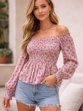 Floral Off-Shoulder Smocked Peplum Blouse in Dusty Pink